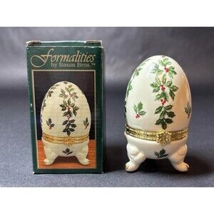 VTG Ivory and Gold Trim Holly Design Egg Formalities By Baum Bros Trinket Box